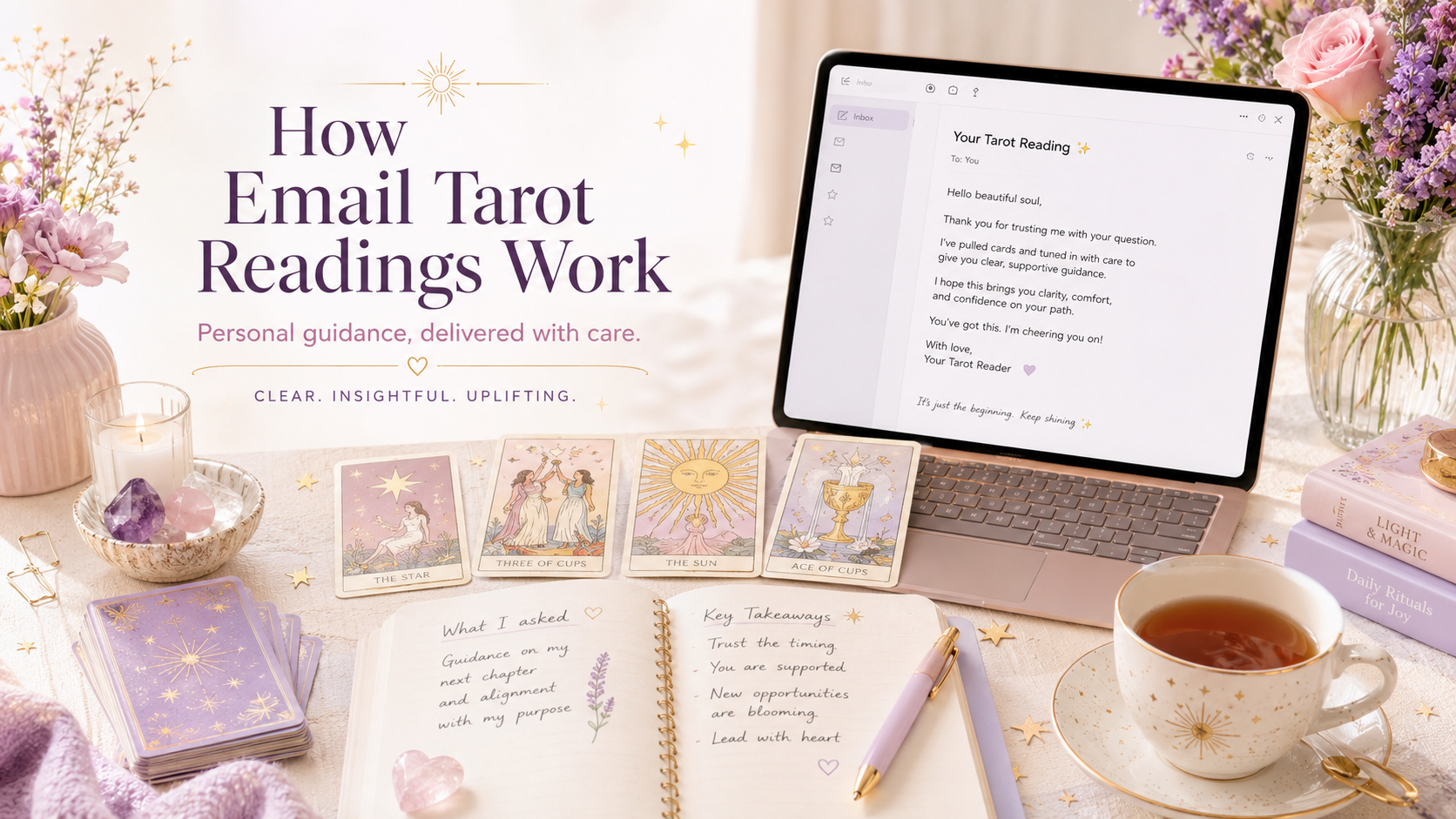 Bright tarot reading workspace with pastel cards, an open journal, crystals, flowers, tea, and a laptop displaying an email tarot reading.
