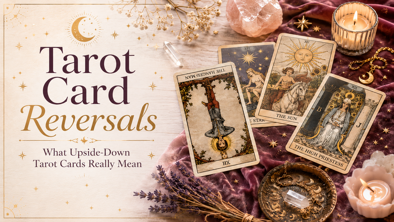 Tarot cards arranged on plum velvet with candles, crystals, and a reversed Hanged Man card beside the title “Tarot Card Reversals.”