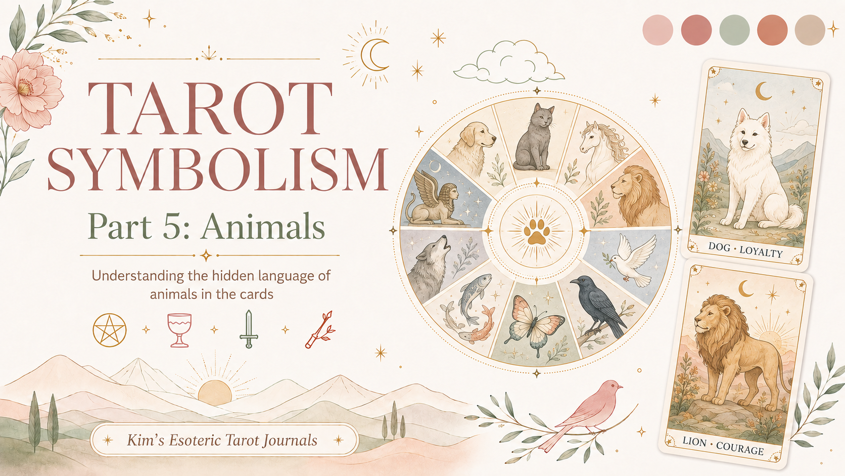 Tarot Symbolism Part 5 graphic illustrating animal symbolism in tarot, including a dog, cat, horse, lion, wolf, dove, raven, butterfly, fish, serpent, and sphinx, with examples of loyalty, courage, instinct, transformation, and spiritual meaning.