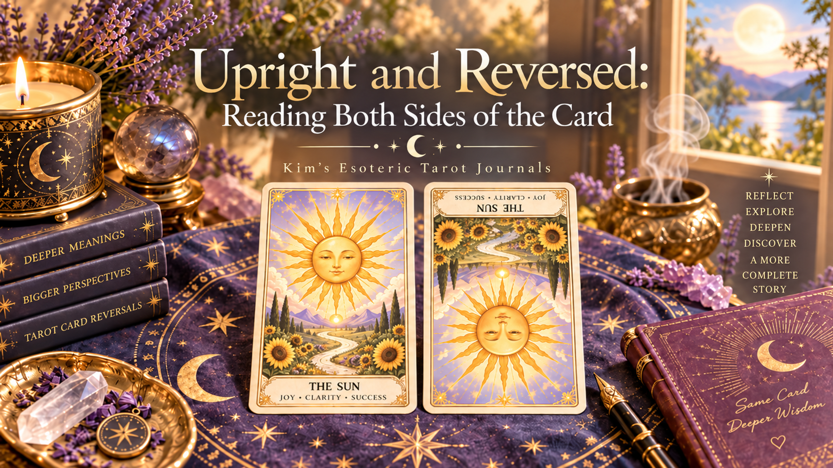 Two Sun tarot cards, one upright and one reversed, displayed on a bright celestial tarot table with candles, crystals, books, and mystical decor.