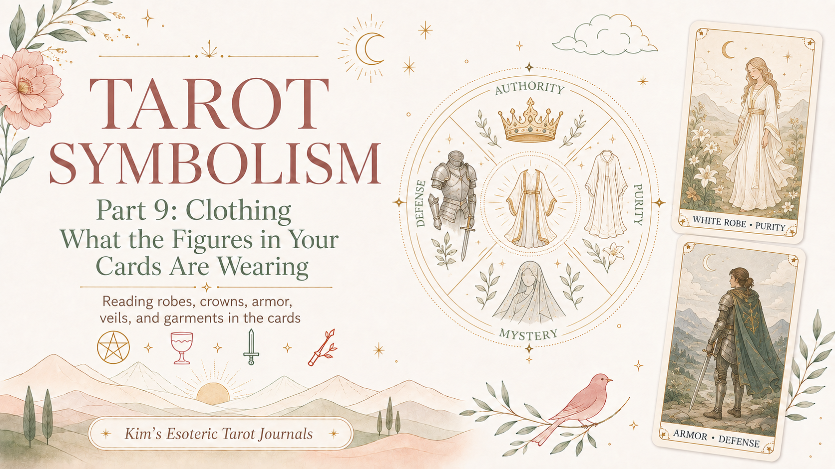 The image introduces Part 9 of the Tarot Symbolism series by showing how clothing and garments can add meaning to tarot cards. It highlights how details such as robes, crowns, armor, and veils can reveal a figure’s role, energy, and character.