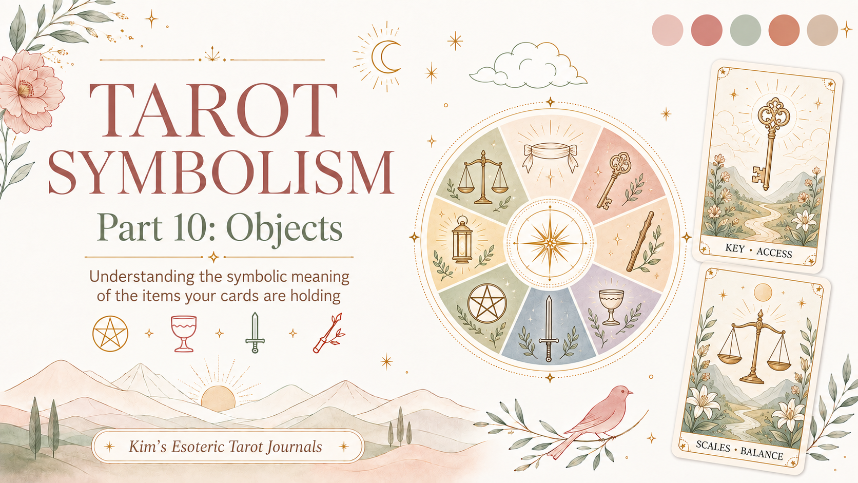 Tarot Symbolism Part 10 graphic featuring symbolic objects including a key, scales, wand, cup, sword, pentacle, blindfold, and lantern.