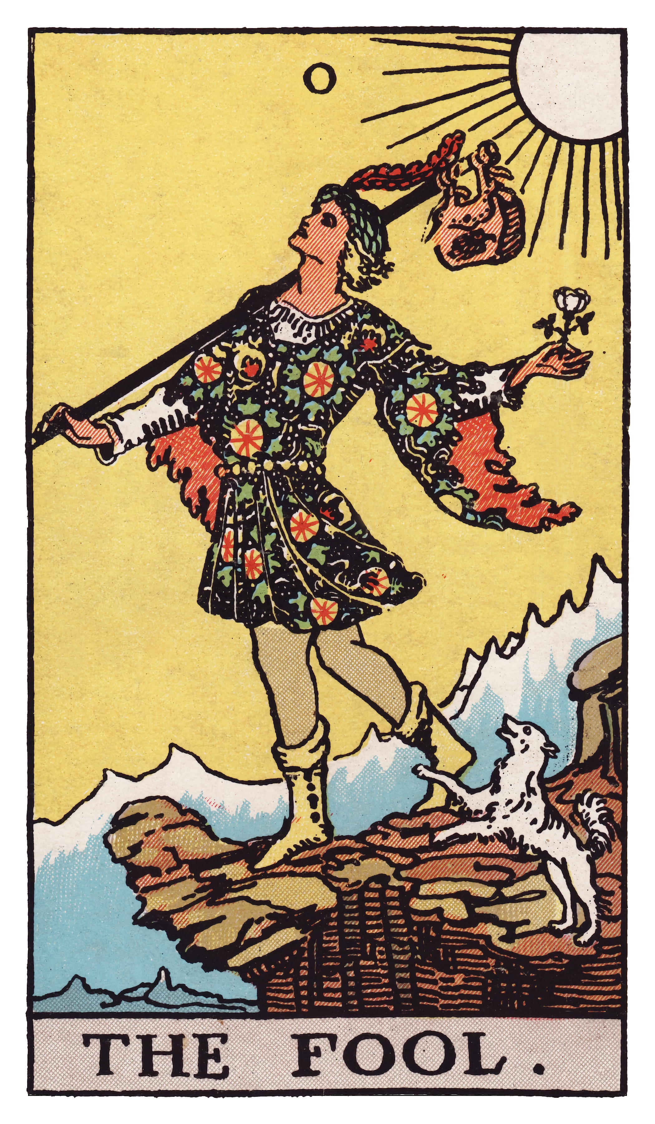 Use:
The Fool tarot card from the Rider-Waite-Smith deck, showing a traveler standing near a cliff with a small white dog, holding a white rose and carrying a bundle over one shoulder.*