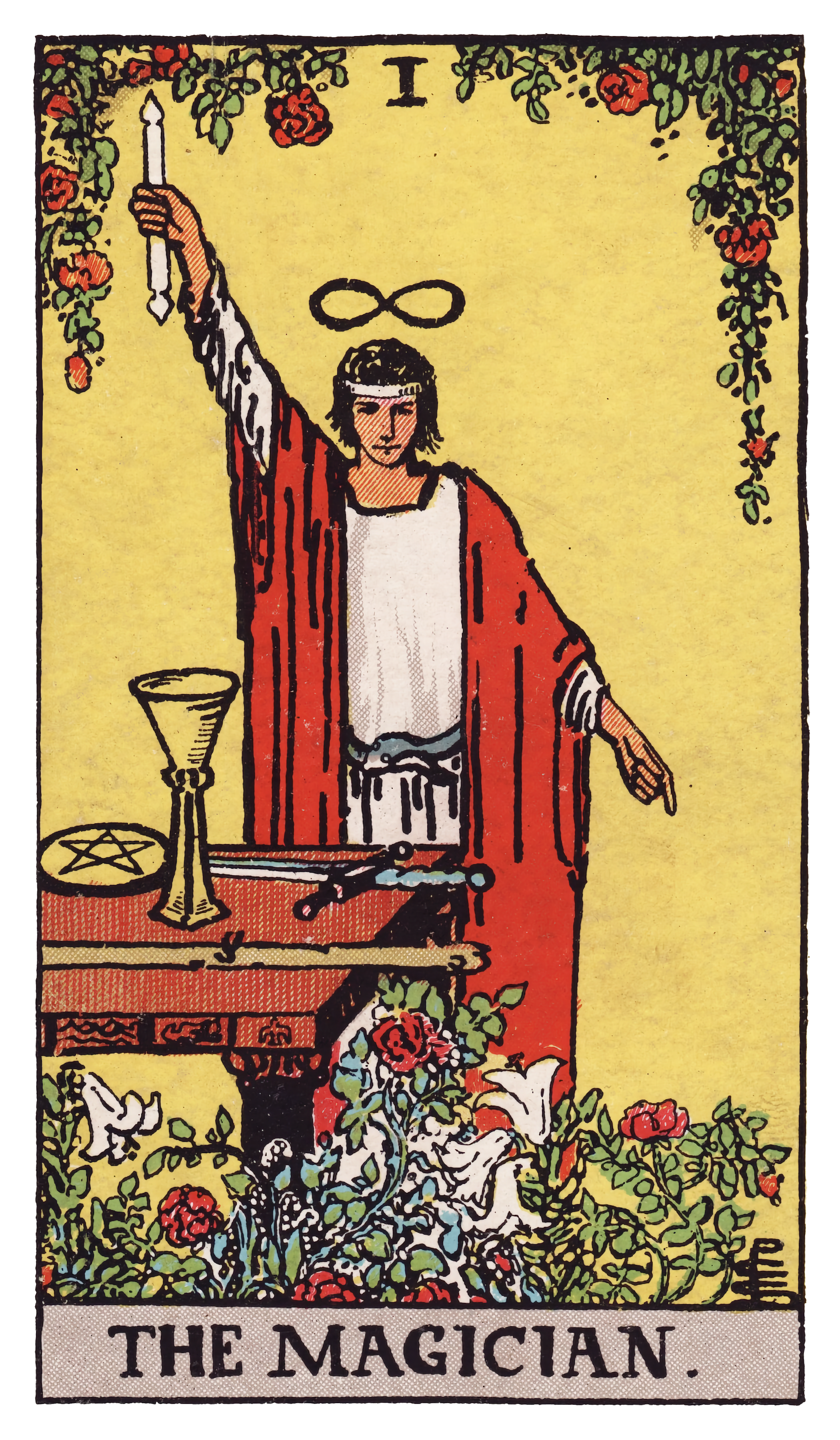 The Magician tarot card from the Rider-Waite deck, showing a figure standing before a table with a wand, cup, sword, and pentacle, one hand raised toward the sky and the other pointing toward the earth.