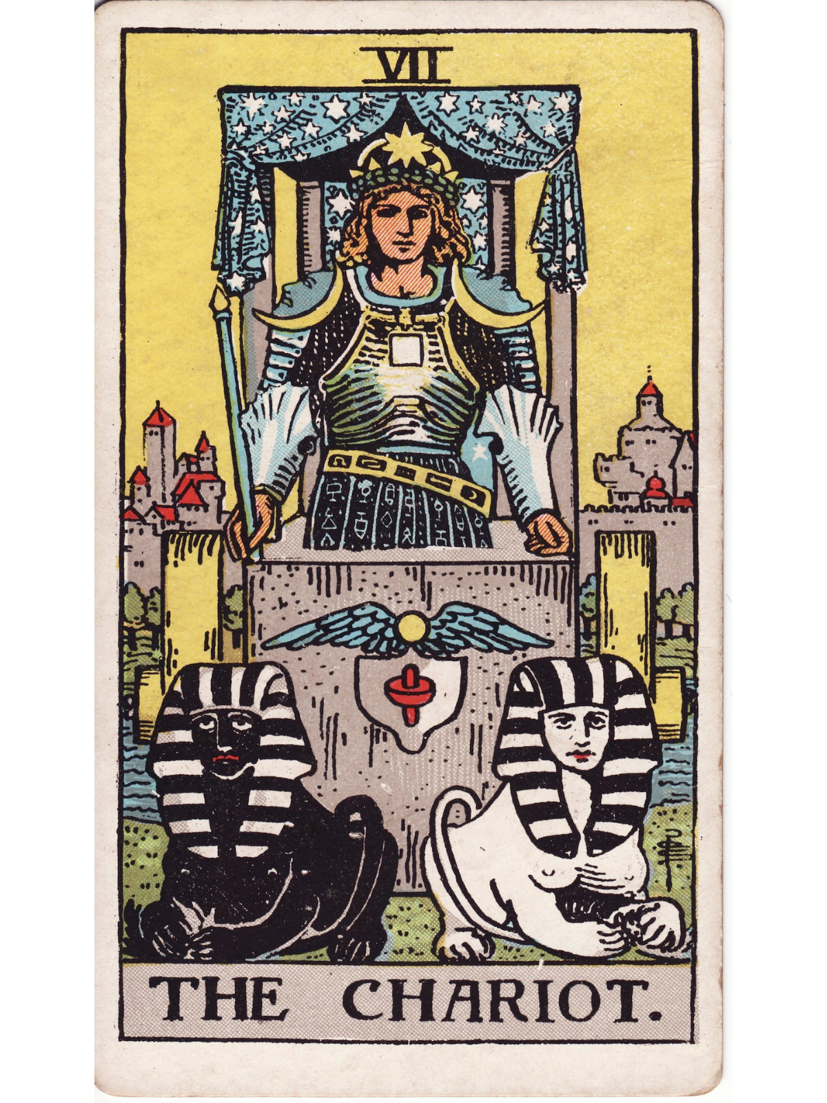 The Chariot tarot card from the Rider–Waite–Smith deck depicts a crowned warrior standing in a stone chariot beneath a star-covered canopy, with one black and one white sphinx in front, symbolizing willpower, determination, control, and victory.