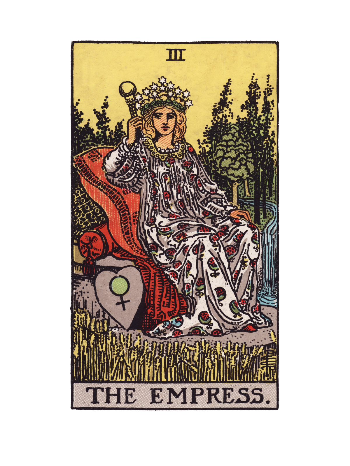 The Empress tarot card from the Rider-Waite-Smith deck, depicting a crowned woman seated on a cushioned throne surrounded by lush greenery and golden wheat.