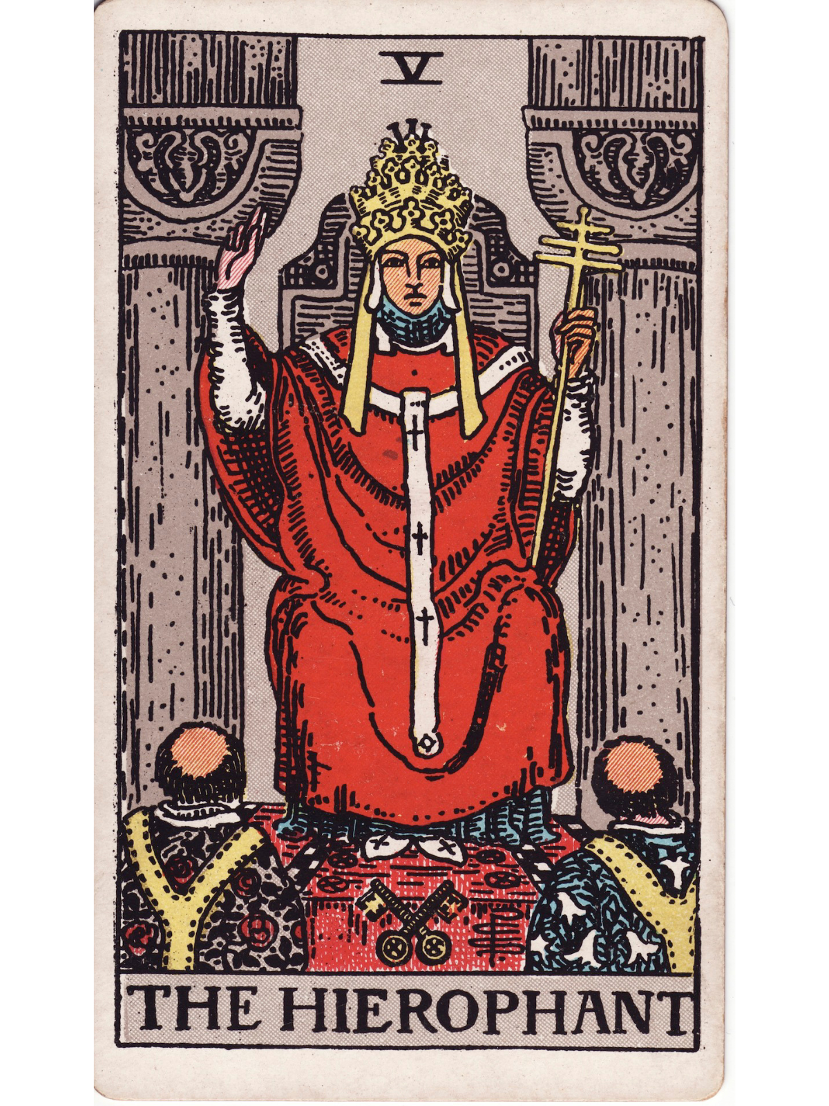 The Hierophant tarot card from the Rider–Waite–Smith deck, depicting a spiritual leader seated between two pillars, raising his hand in blessing before two kneeling followers. Symbolizing tradition, spiritual wisdom, guidance, and established beliefs.