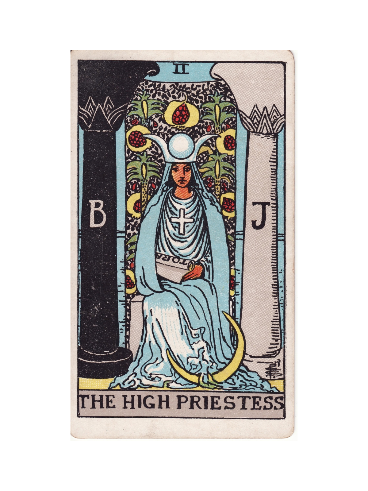 The High Priestess sits between black and white pillars, wearing a blue robe and crown, with a crescent moon at her feet and a scroll in her hands.