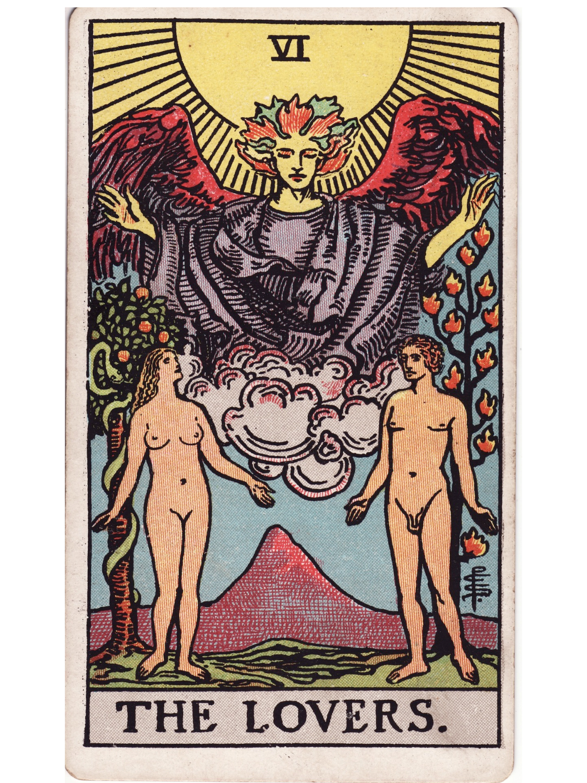 The Lovers tarot card showing a man and woman beneath a winged angel, with symbolic trees and a mountain behind them.